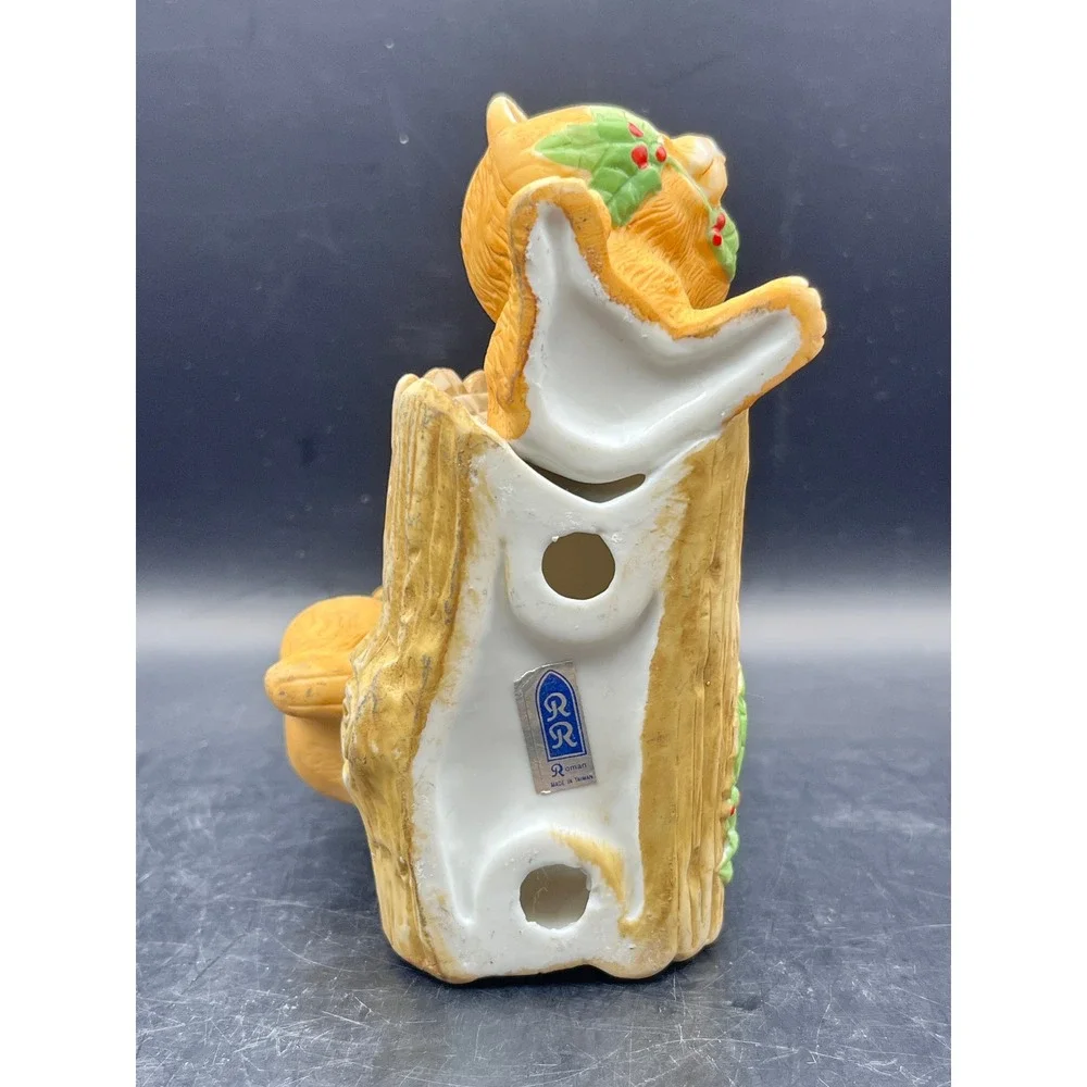 Vtg RR Roman Ceramic Raccoon Log‎ Christmas Holiday Figurine Santa Hats 5